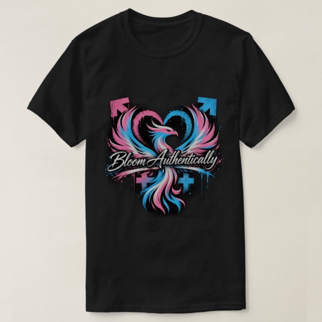 "Blom autentiskt" Trans Pride Phoenix Heart T Shirt (Design framsida)