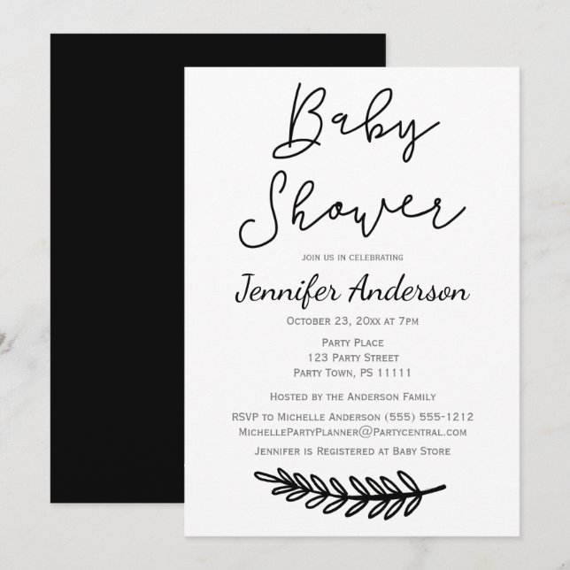 Blom- botanisk baby shower för enkel svart vit inbjudningar (Fram/baksida)