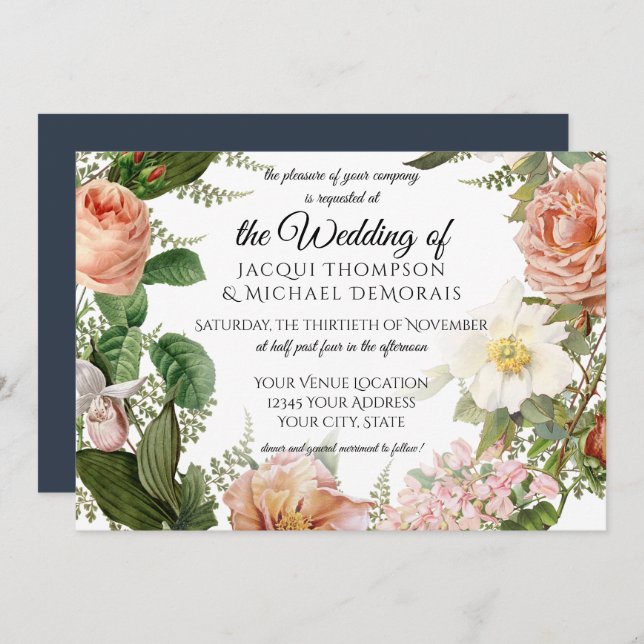 Blom- bröllop för horisontalmarinblå inbjudningar (Fram/baksida)
