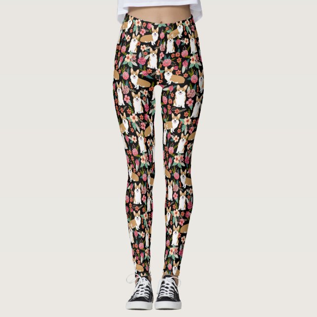 Blom- damasker för Corgi - svart Leggings (Framsida)