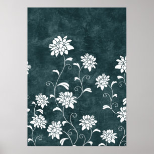 Blom- damastast blått & vit blommar flickaktigt poster