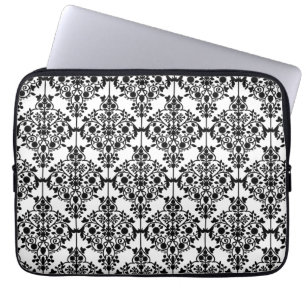 Blom- damastast mönster för flickaktigt svart vit laptop sleeve
