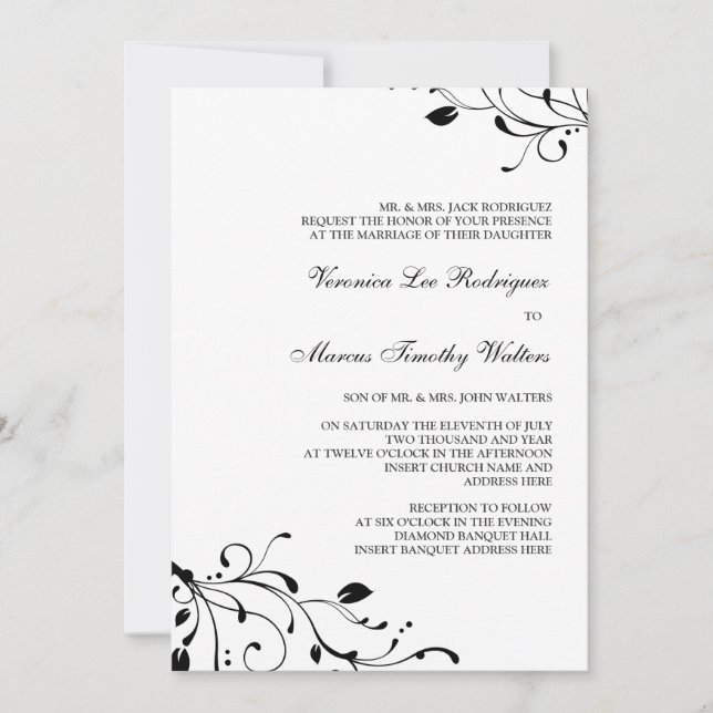 Blom- dekalinbjudan för svart & för vit inbjudningar (Framsida)