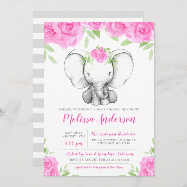 Blom- elefantbaby shower för rosa vattenfärg inbjudningar (Fram/baksida)