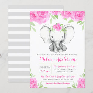 Blom- elefantbaby shower för rosa vattenfärg inbjudningar
