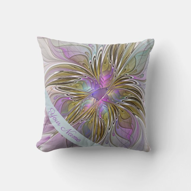 Blom- färgrik abstrakt konst med rosor & guldnamn kudde (Framsida)