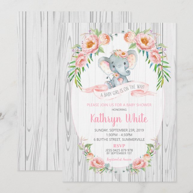 Blom- flicka för inbjudan för Boho elefantbaby (Fram/baksida)