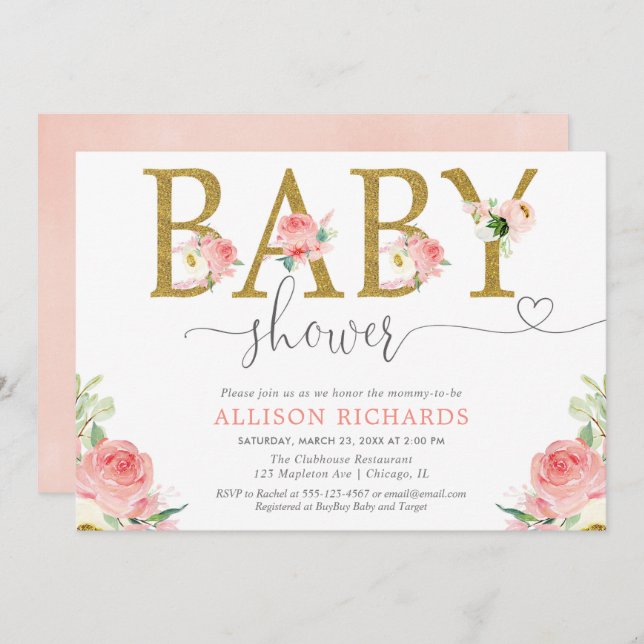 Blom- flickababy shower, rodna rosa guld- elegant inbjudningar (Fram/baksida)