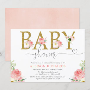 Blom- flickababy shower, rodna rosa guld- elegant inbjudningar