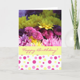 Blom- födelsedag-, rosa- & gultdaisy, polka dots kort