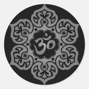 Blom- grå färg och svart Aum design Runt Klistermärke