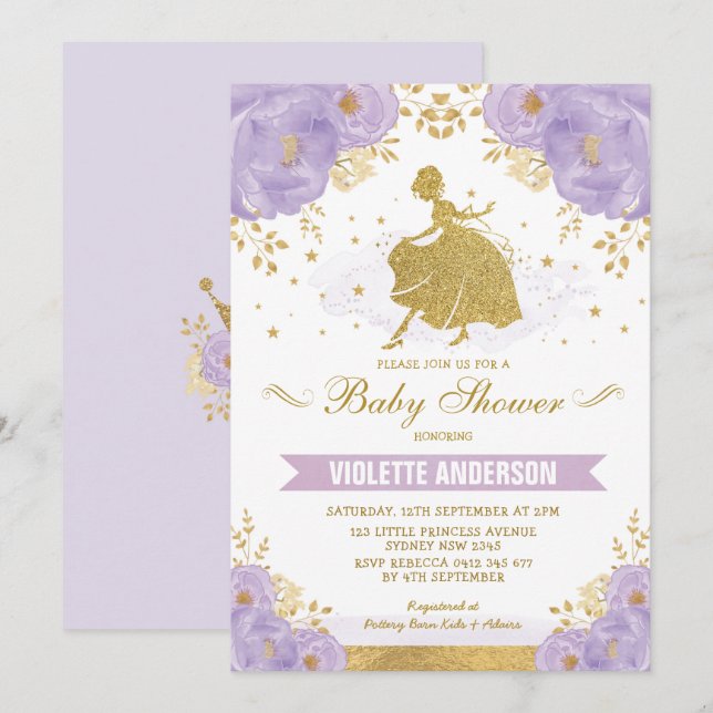 Blom- guld- kunglig Princess baby shower för Inbjudningar (Fram/baksida)