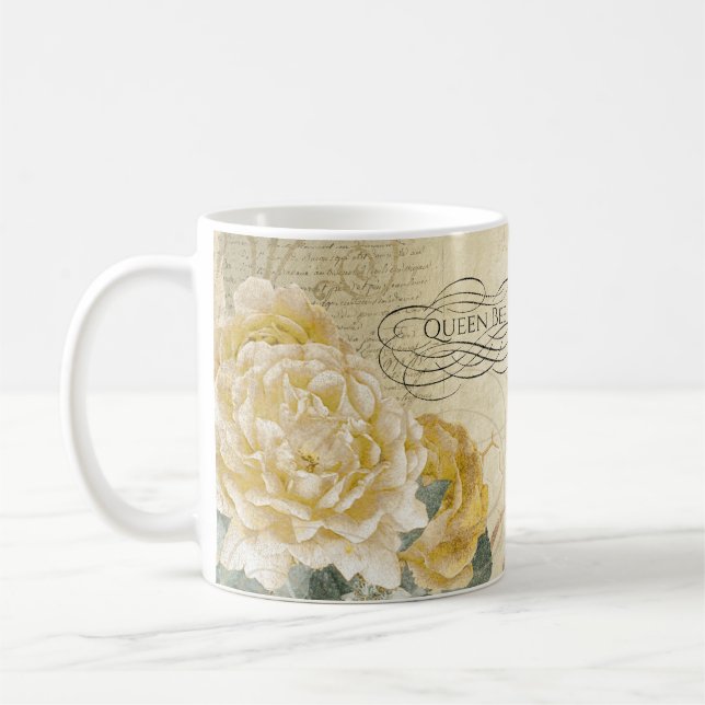 Blom- guld- ro för vintagedrottningbi kaffemugg (Vänster)