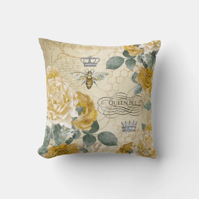 Blom- guld- ro för vintagedrottningbi kudde (Framsida)