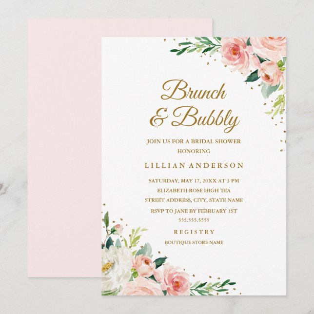 Blom- guldrodnadfrunch och skumpamöhippa inbjudningar (Fram/baksida)