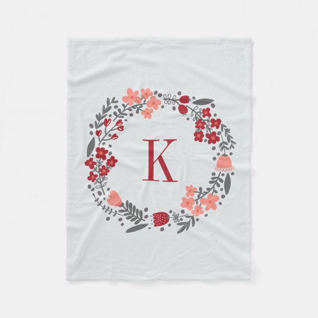 Blom- kran för personlig & Monogramkorallgrå färg Fleecefilt (Framsidan)