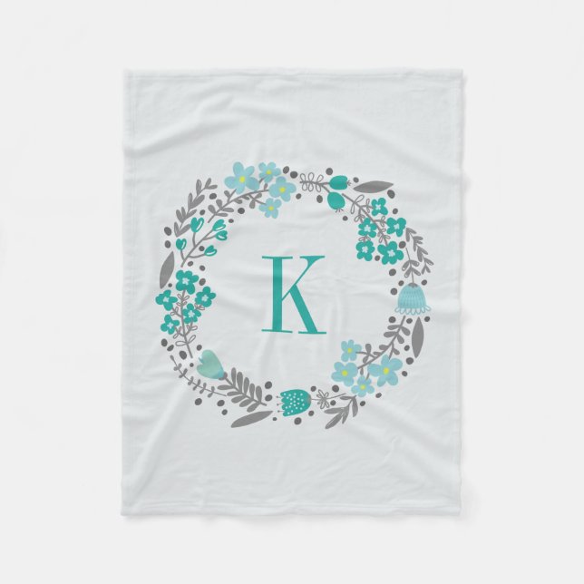 Blom- kran för personlig & Monogramkrickagrå färg Fleecefilt (Framsidan)