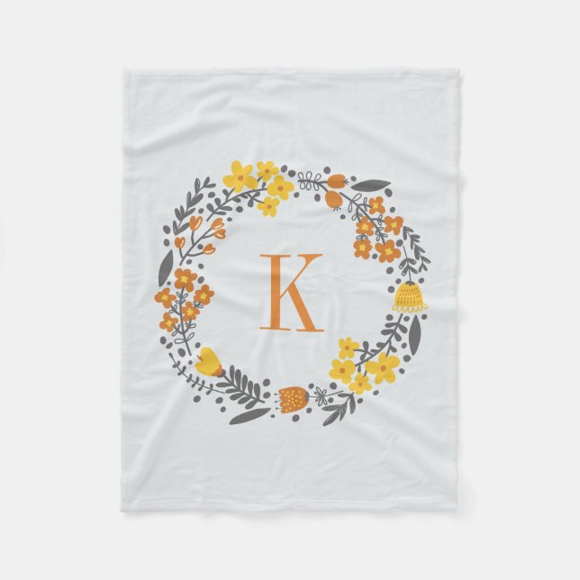 Blom- kran för personlig & Monogramorangegrå färg Fleecefilt (Framsidan)
