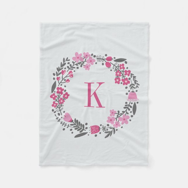 Blom- kran för personlig & Monogramrosagrå färg Fleecefilt (Framsidan)