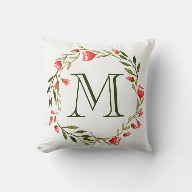 Blom- kranMonogram för ljus röd vattenfärg Kudde (Framsida)