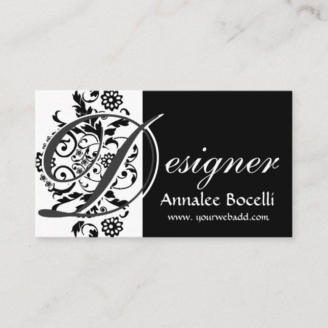 Blom- Lacey elegant moderiktig Monogramsvart för Visitkort (Framsida)
