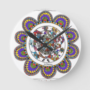 Blom- mandal i Madhubani stil Rund Klocka