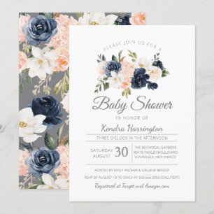 Blom- marinblå rosa baby shower för frodig inbjudningar