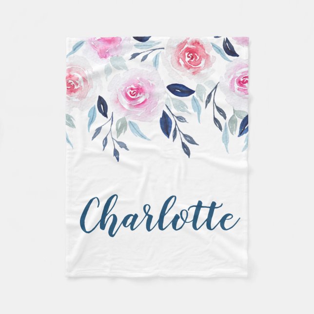 Blom- namn för rosa rosvattenfärgpersonlig fleecefilt (Framsidan)