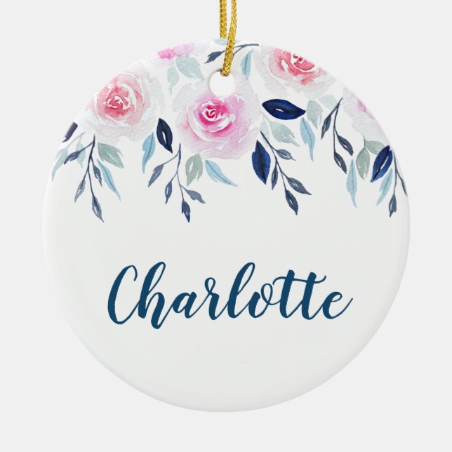 Blom- namn för rosa rosvattenfärgpersonlig julgransprydnad keramik (Framsidan)