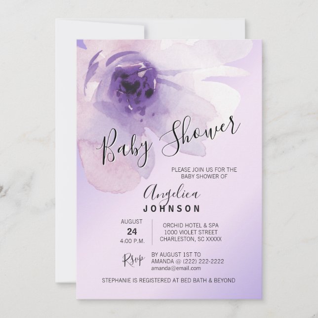 Blom- purpurfärgad lavendelbaby shower för inbjudningar (Framsida)