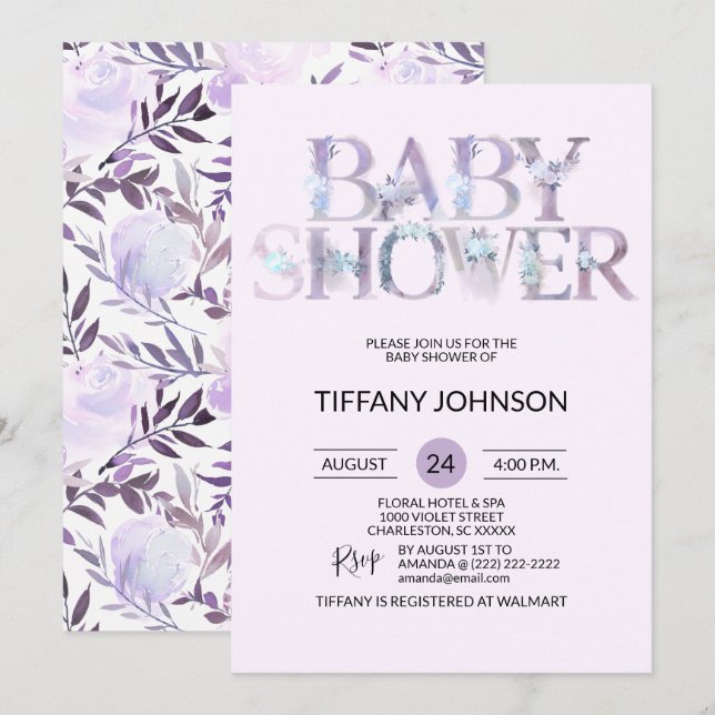 Blom- purpurfärgad lavendelbaby shower för inbjudningar (Fram/baksida)