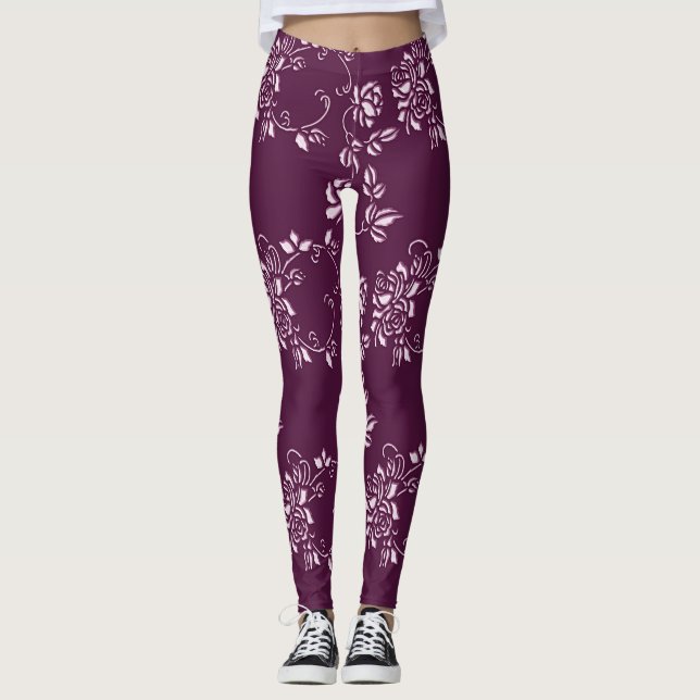 Blom- purpurfärgat retro inslag leggings (Framsida)