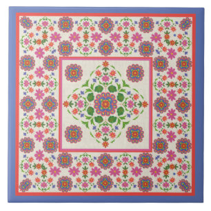 Blom- Rangoli mönstergräns, Ecru: Keramiskt Kakelplatta