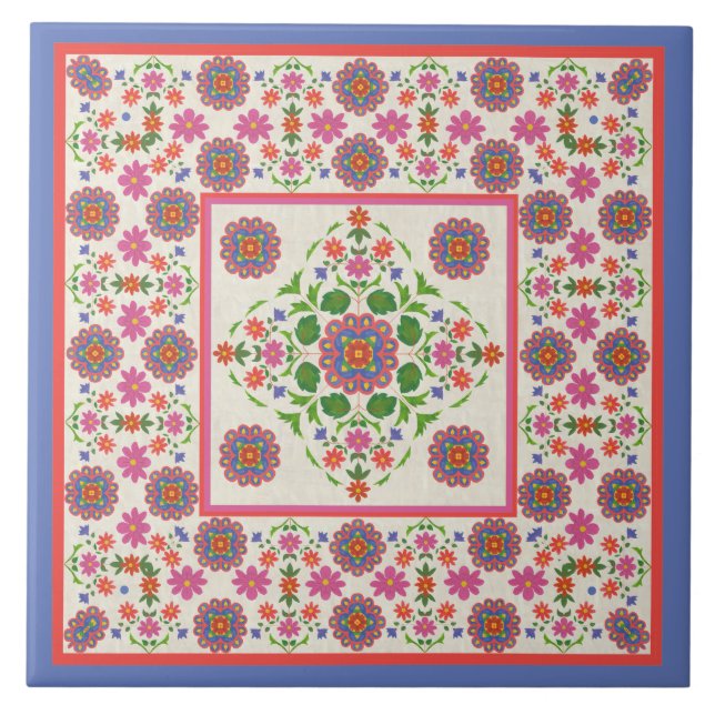 Blom- Rangoli mönstergräns, Ecru: Keramiskt Kakelplatta (Framsidan)