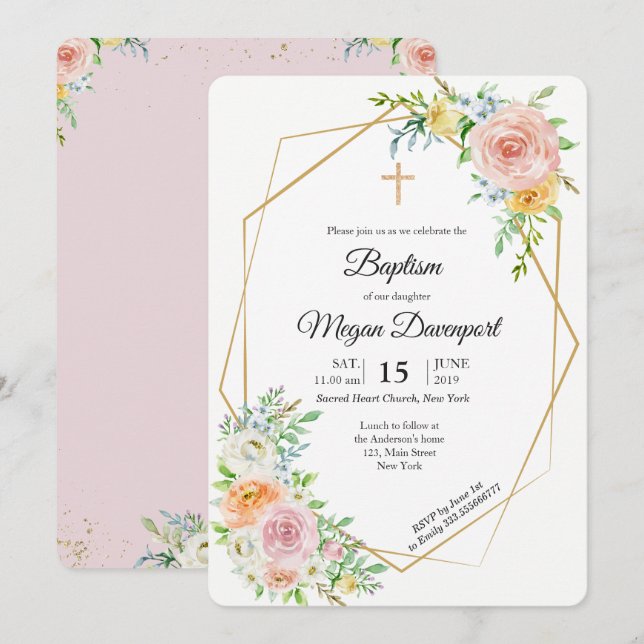 Blom- rosa elegant dopreligiösahändelse inbjudningar (Fram/baksida)