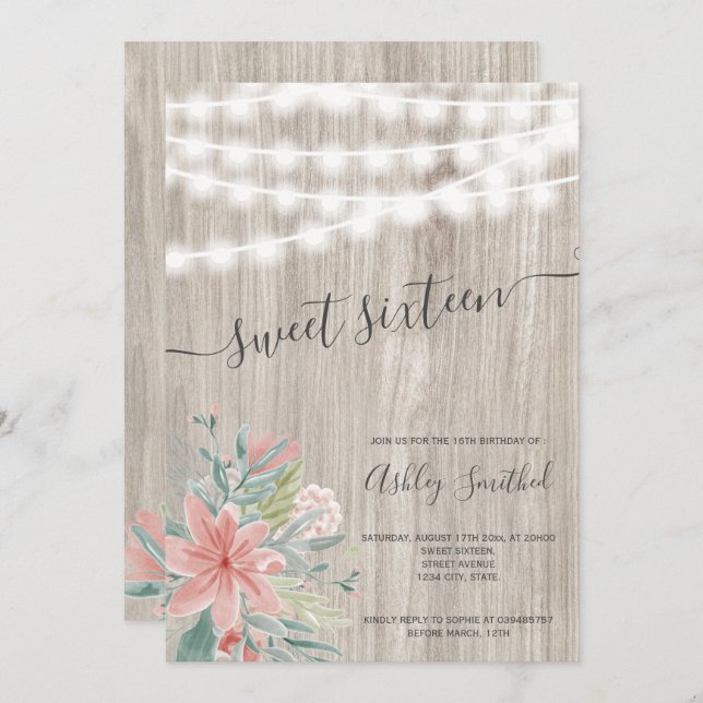 Blom- rosagråttträ stränger ljussweet sixteen inbjudningar (Fram/baksida)