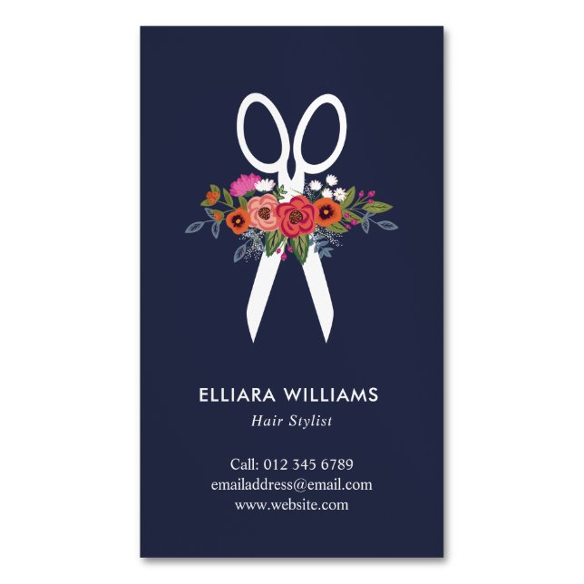 Blom- sax - marinblå hårstylist visitkortmagnet (Framsida vertikal)