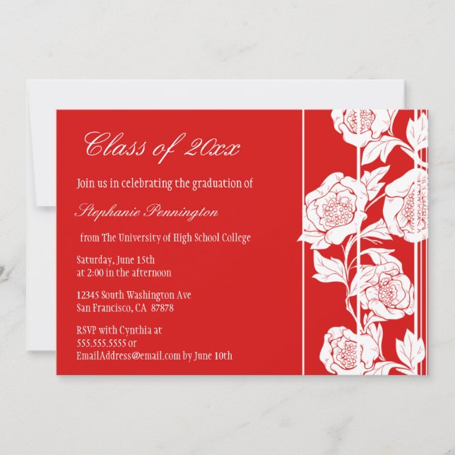 Blom- studentfestmeddelande för röd vit inbjudningar (Framsida)