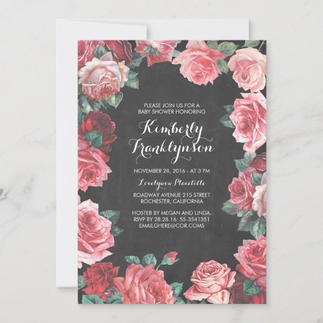 blom- svart tavlababy shower för vintage inbjudningar (Framsida)