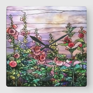 Blom- Tiffany för Hollyhocksvintage målat glass Fyrkantig Klocka