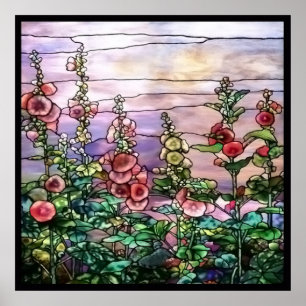 Blom- Tiffany för Hollyhocksvintage målat glass Poster