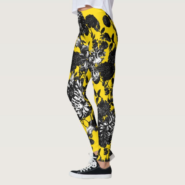 Blom- Toile för svart gul vit blomsterträdgård Leggings (Vänster)