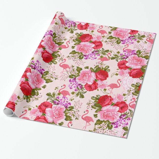 Blom- tropisk flamingo för rosa bohemiska ro presentpapper (Utrullad)