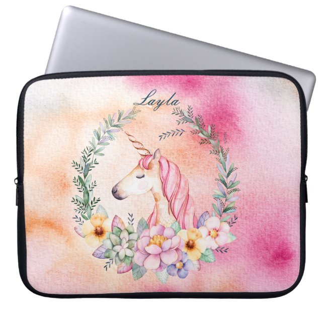 Blom- Unicornfodral för vattenfärg med namn Laptop Sleeve (Framsidan)