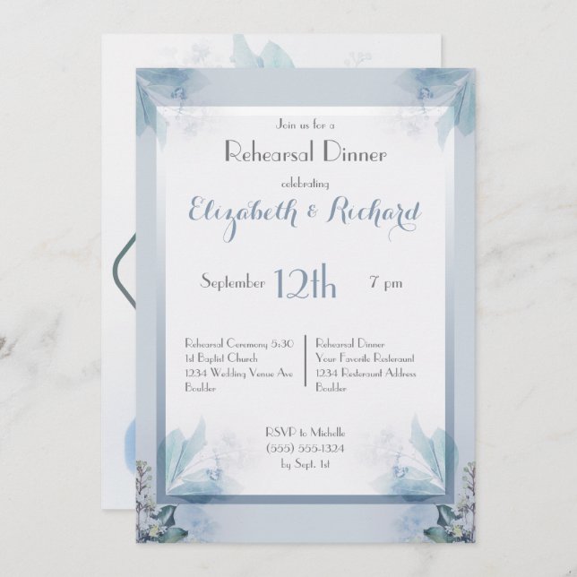 Blom- vattenfärgrepetition middag för dammiga inbjudningar (Fram/baksida)