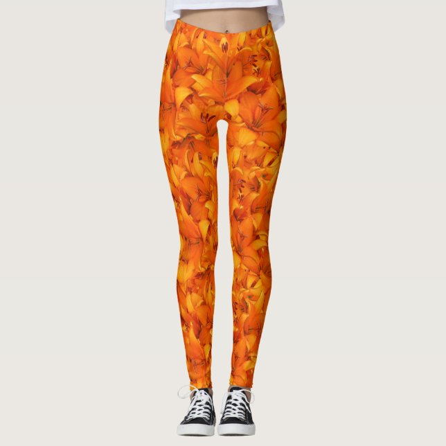 Blom- vibrerande foto för orangeträdgårdliljar leggings (Framsida)