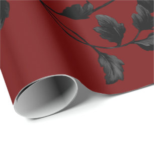 Blom- Vinemönster för svart löv på Crimson rö Presentpapper