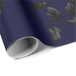 Blom- Vinemönster för svart löv på marinblått Presentpapper