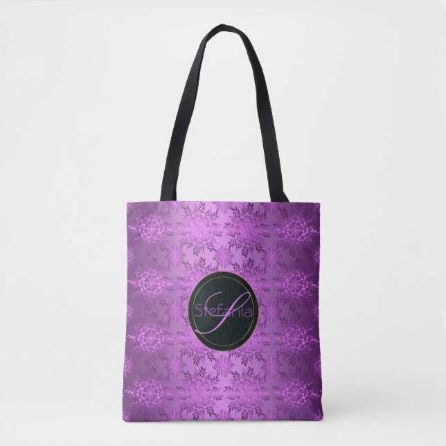 Blom- violett mönster. Monogram. Tygkasse (Framsida)