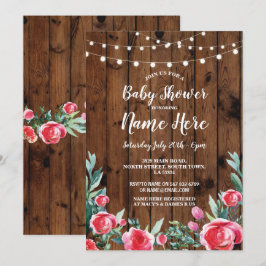 Blom- Wood inbjudan för baby showerpartyröd ros